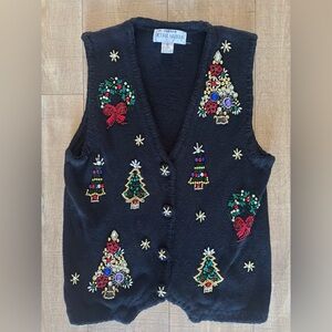 Vintage Festive Sequins Black Holiday Sweater Vest